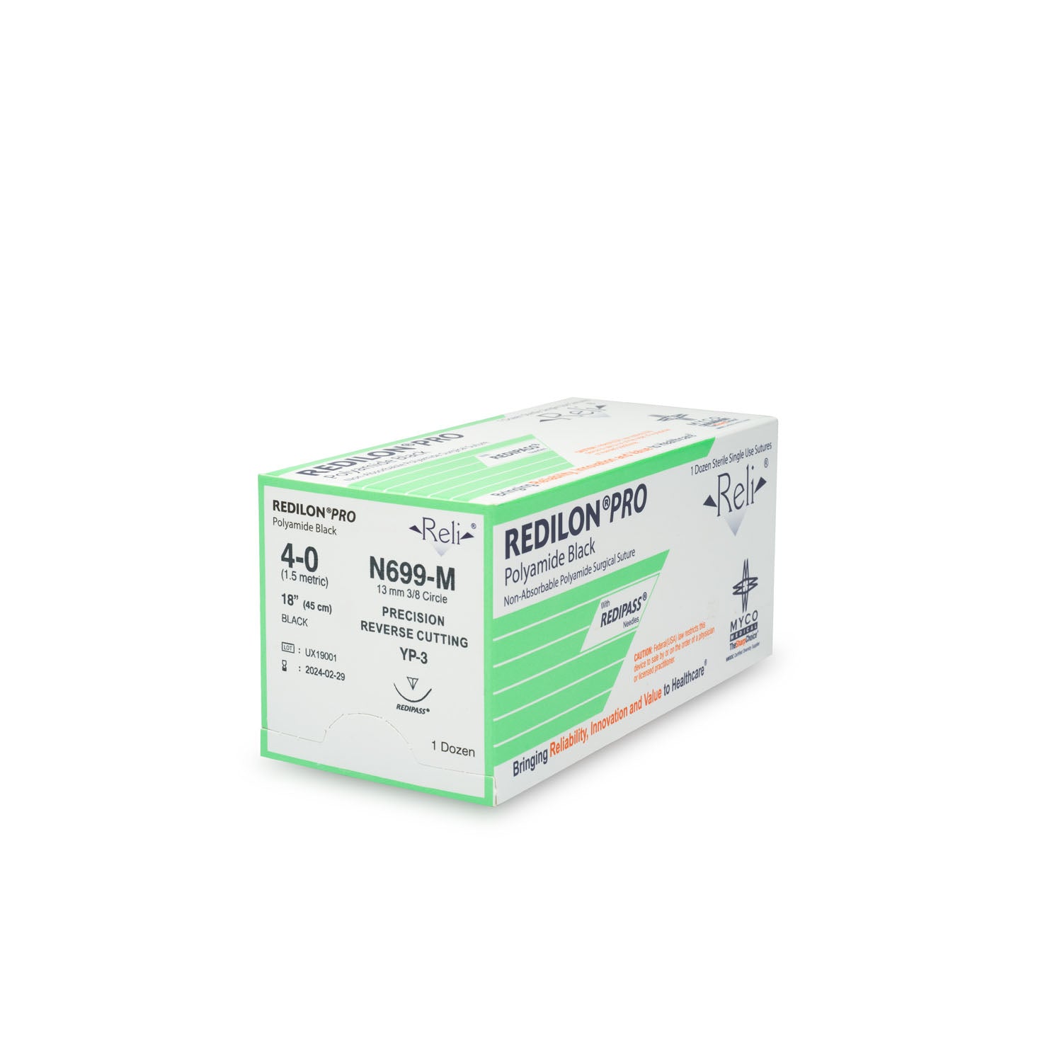N699-M - Myco Medical - 縫線，4-0，Redilon，黑色，單絲，18英寸，YP-3，12條/盒（僅限美國），盒