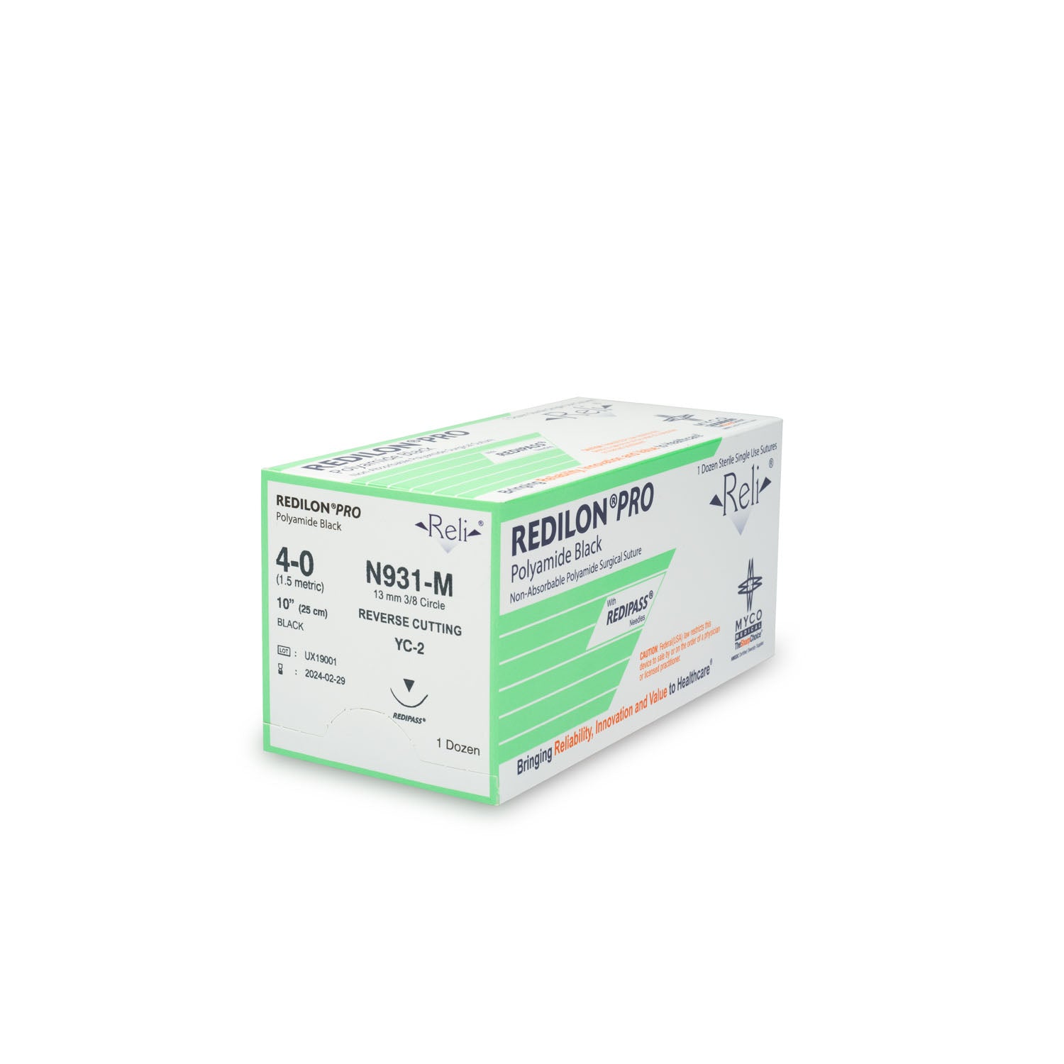 N931-M - Myco Medical - 縫線，4-0，Redilon，黑色，單絲，10英寸，YC-2，12條/盒（僅限美國），盒
