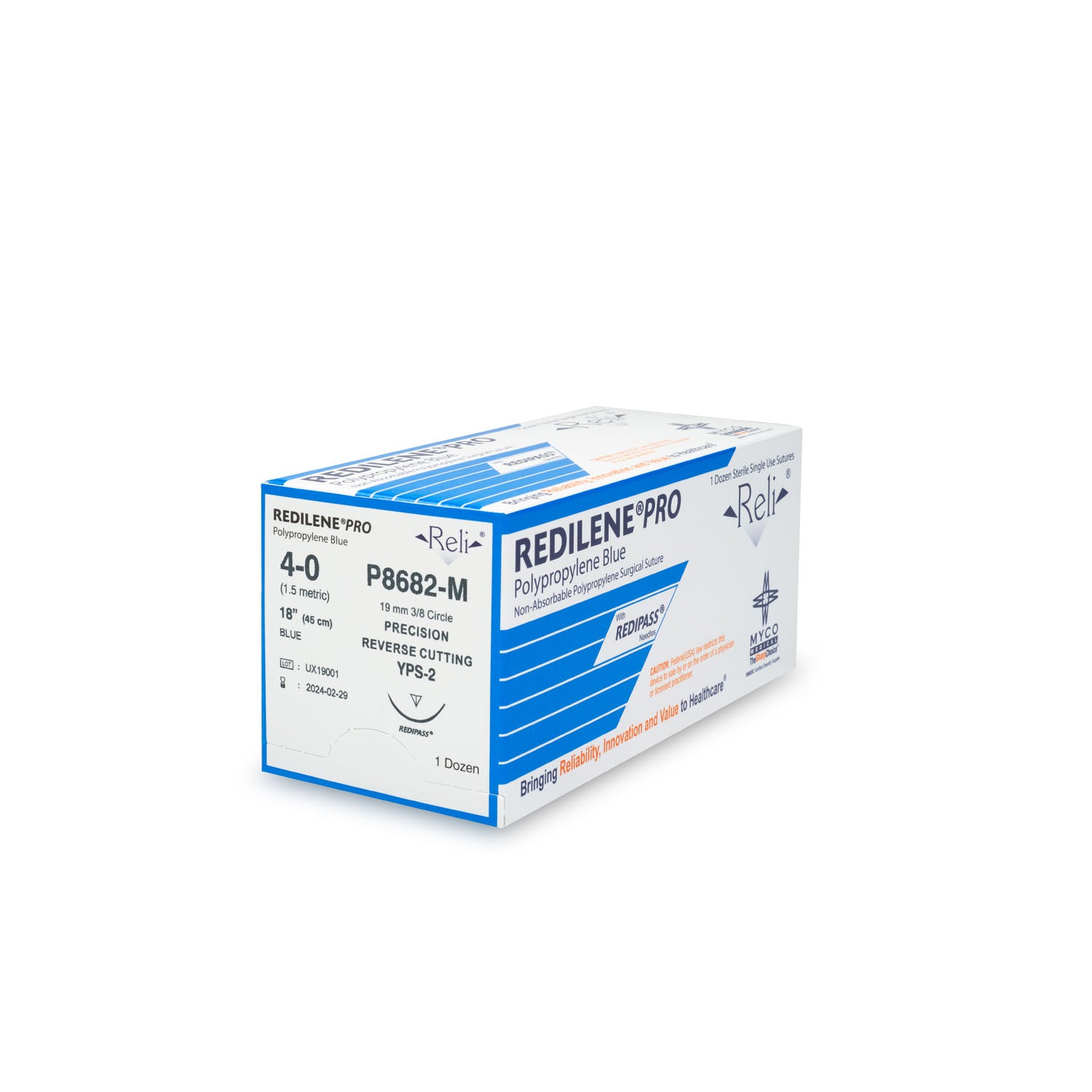 P8682-M - Myco Medical - 縫線，4-0，Redilene，藍色，單絲，18英寸，YPS-2，12條/盒（僅限美國），盒