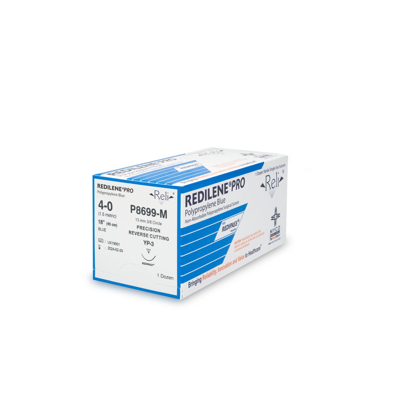 P8699-M - Myco Medical - 縫線，4-0，Redilene，藍色，單絲，18英寸，YP-3，12條/盒（僅限美國），盒