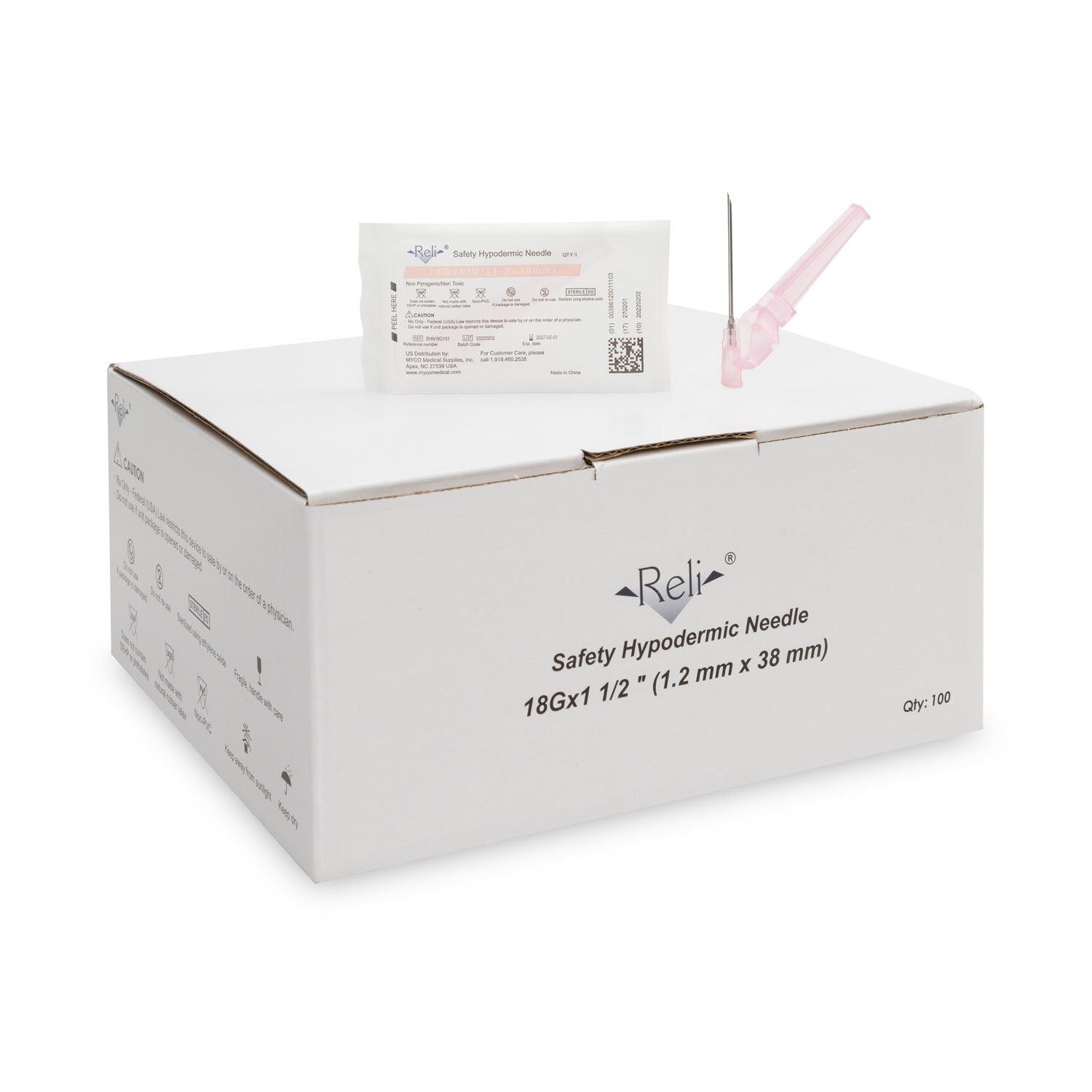 SHN18G151 - Myco Medical - Safety Hypodermic Needle Only, 18G x 1-1/2", 100/bx (US Only)    , bx
