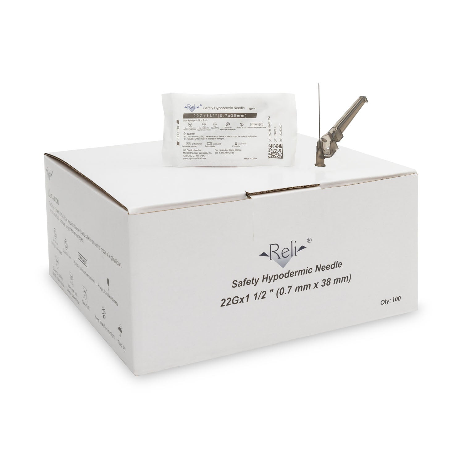 SHN22G151 - Myco Medical - Safety Hypodermic Needle Only, 22G x 1-1/2", 100/bx (US Only)    , bx