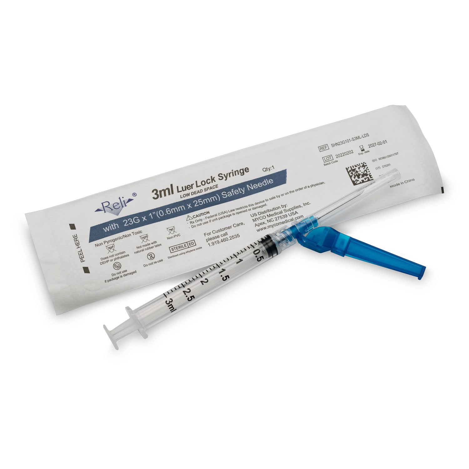 SHN23G101-S3ML-LDS - Myco Medical - Safety Hypodermic Needle with 3mL Syringe, 23G x 1", Low Dead Space, 100/bx (US Only)    , bx