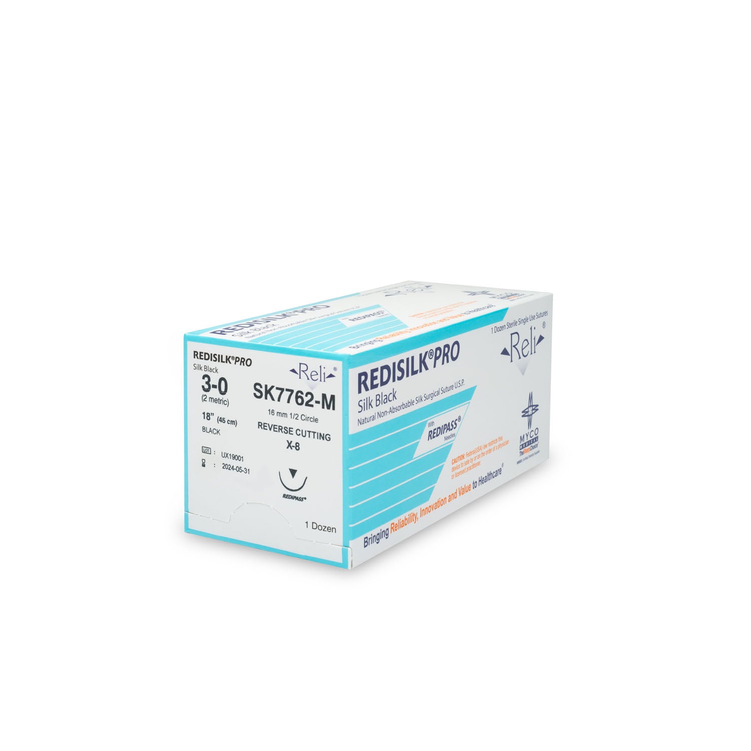 SK7762-M - Myco Medical - 縫線，3-0，Redisilk，黑色，編織型，18英寸，YX-8，12根/盒（僅限美國），盒