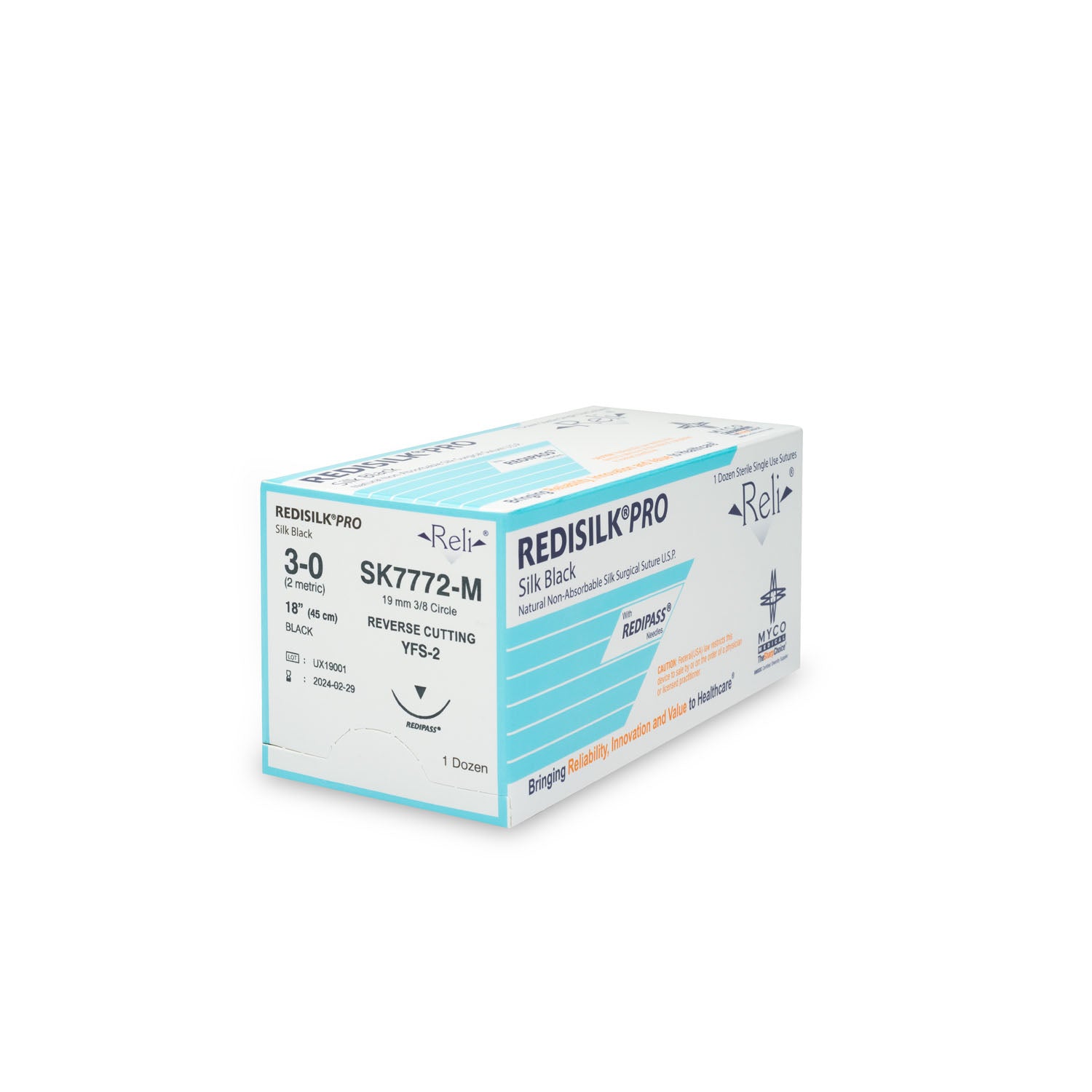 SK7772-M - Myco Medical - 縫線，3-0，Redisilk，黑色，編織型，18英寸，YFS-2，12根/盒（僅限美國），盒