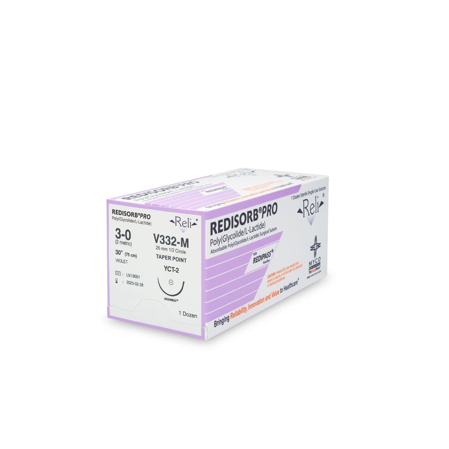 V332-M - Myco Medical - 縫合線，3-0，可吸收，紫色，編織，30”，YCT-2，12/盒（僅限美國），盒