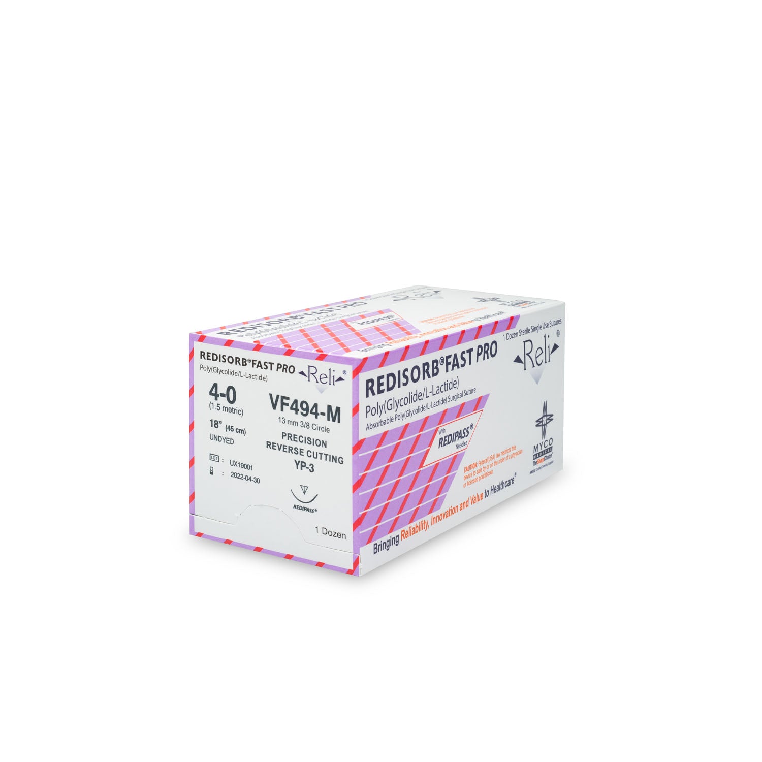 VF494-M - Myco Medical - 縫合線，4-0，可吸收，快速吸收，未染色，編織型，18英寸，YP-3，12條/盒（僅限美國），盒