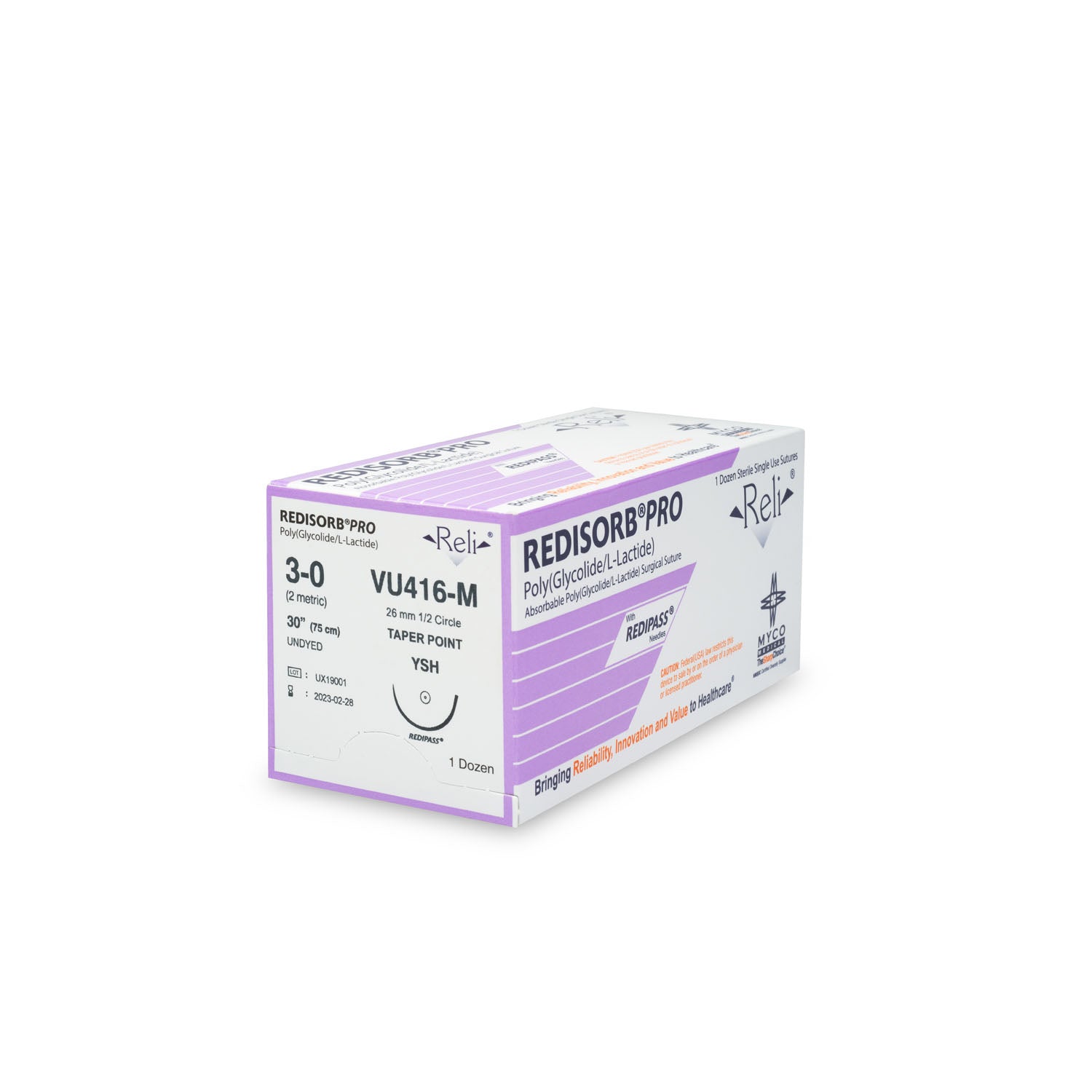 VU416-M - Myco Medical - 縫合線，3-0，可吸收，未染色，編織，30英寸，YSH，12根/盒（僅限美國），盒