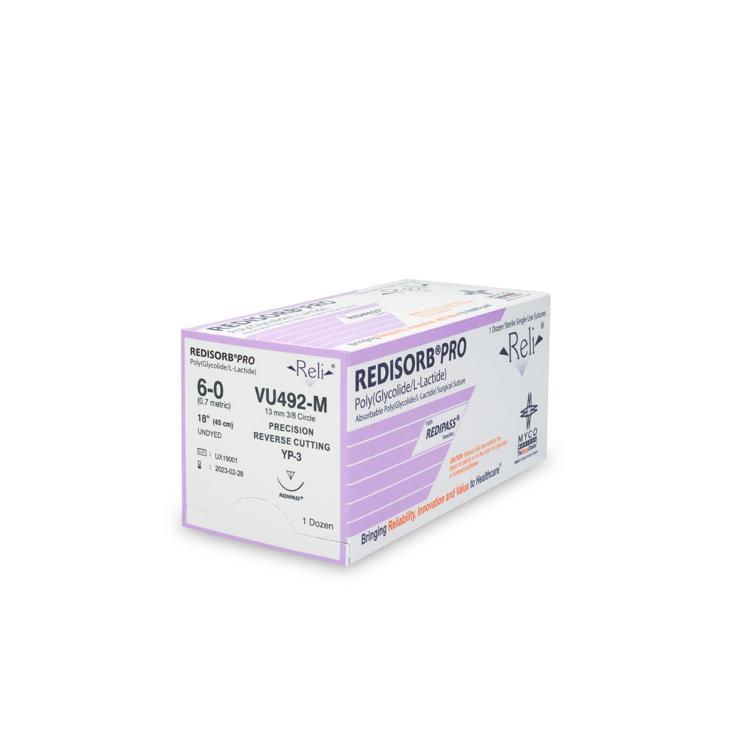 VU492-M - Myco Medical - 縫合線，6-0，可吸收，未染色，編織，18英寸，YP-3，12條/盒（僅限美國），盒