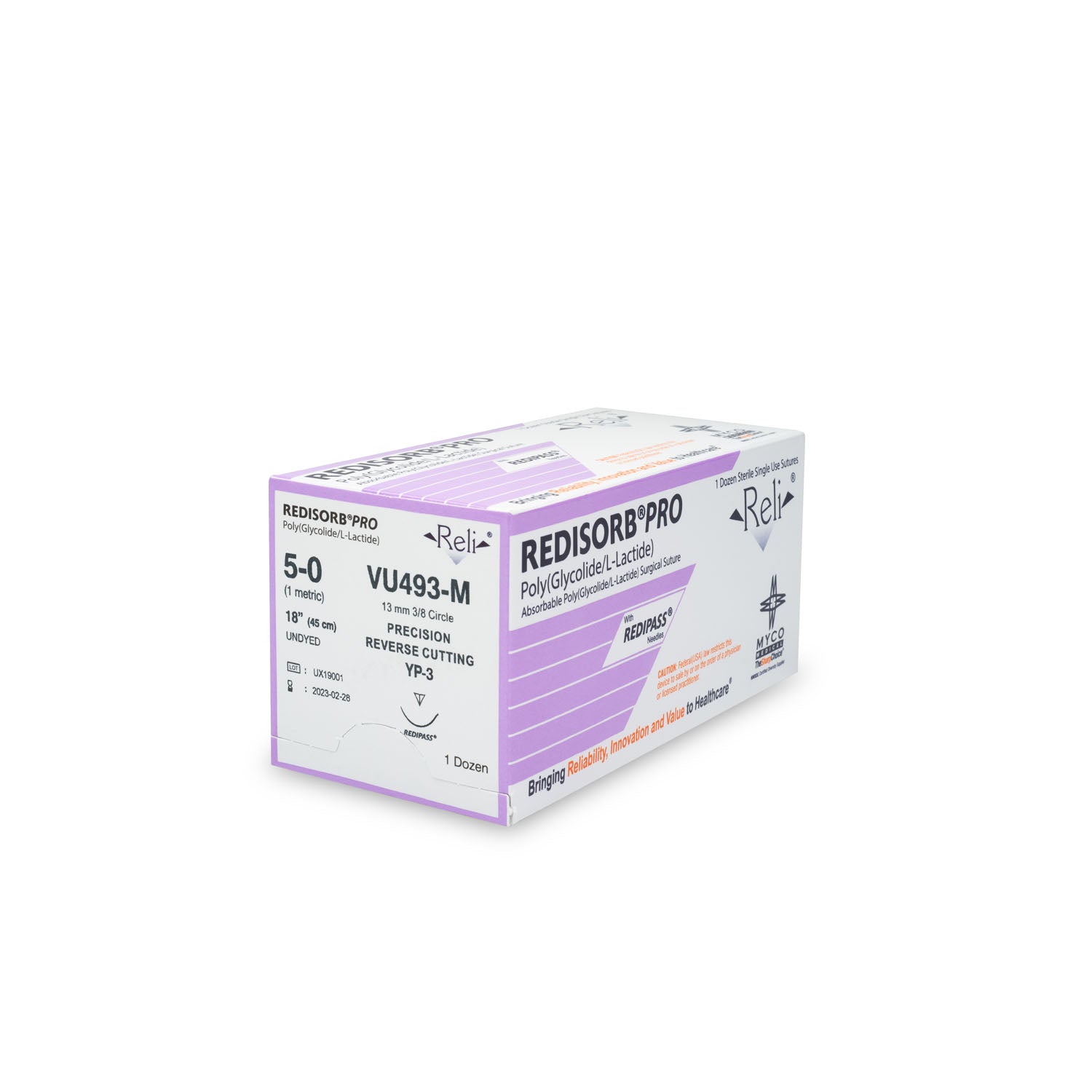 VU493-M - Myco Medical - 縫合線，5-0，可吸收，未染色，編織，18英寸，YP-3，12條/盒（僅限美國），盒