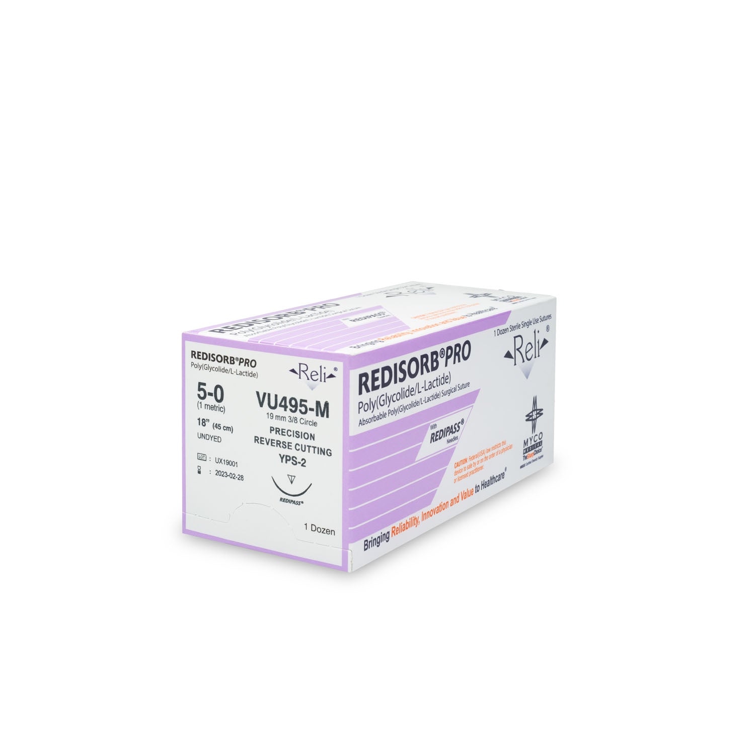 VU495-M - Myco Medical - 縫合線，5-0，可吸收，未染色，編織，18英寸，YPS-2，12條/盒（僅限美國），盒
