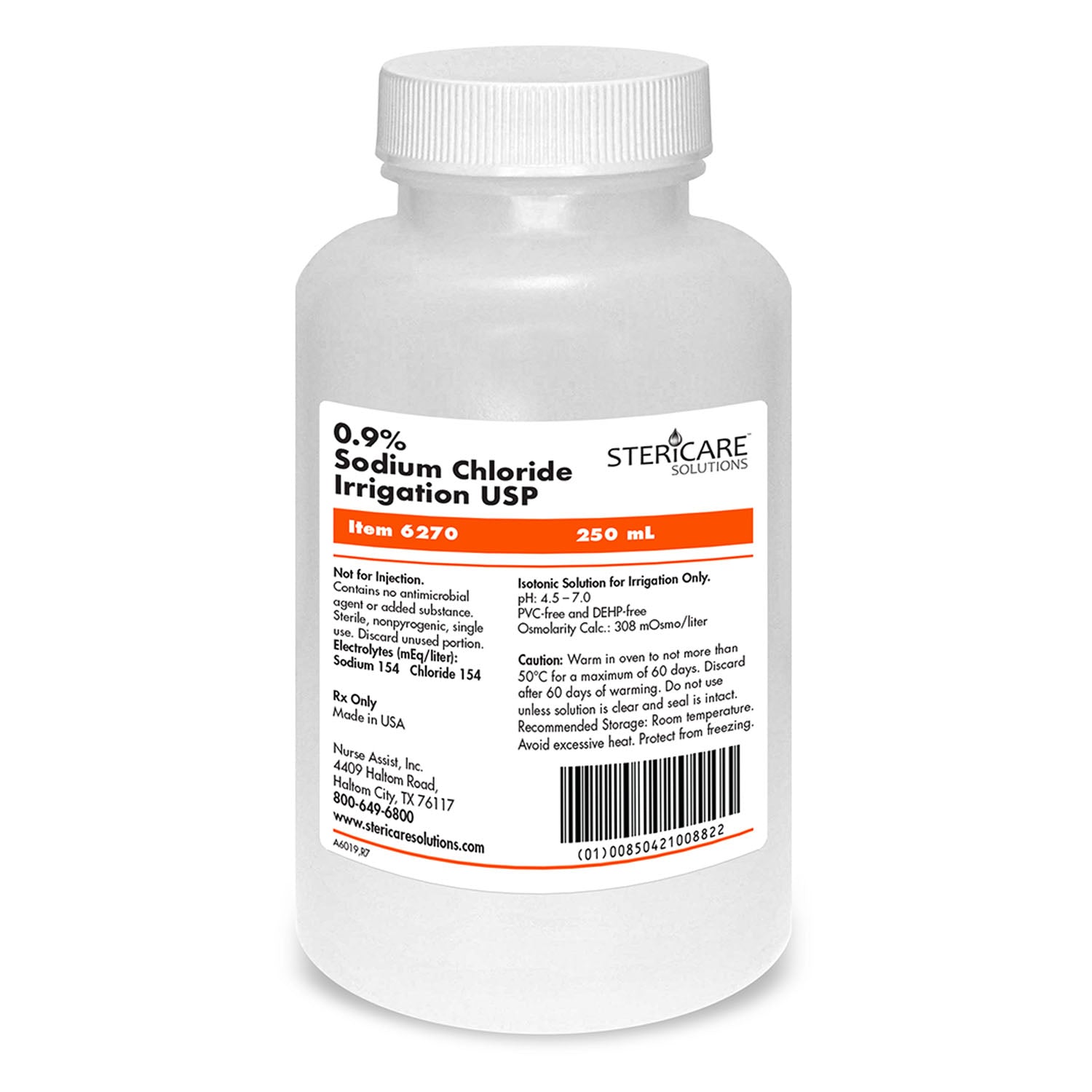 6270 - Nurse Assist - Irrigation Device & Suctioning Saline 0.9%, Sterile 250mL, Screw Top Bottle, 24/cs (Rx) (100 cs/plt)    , cs