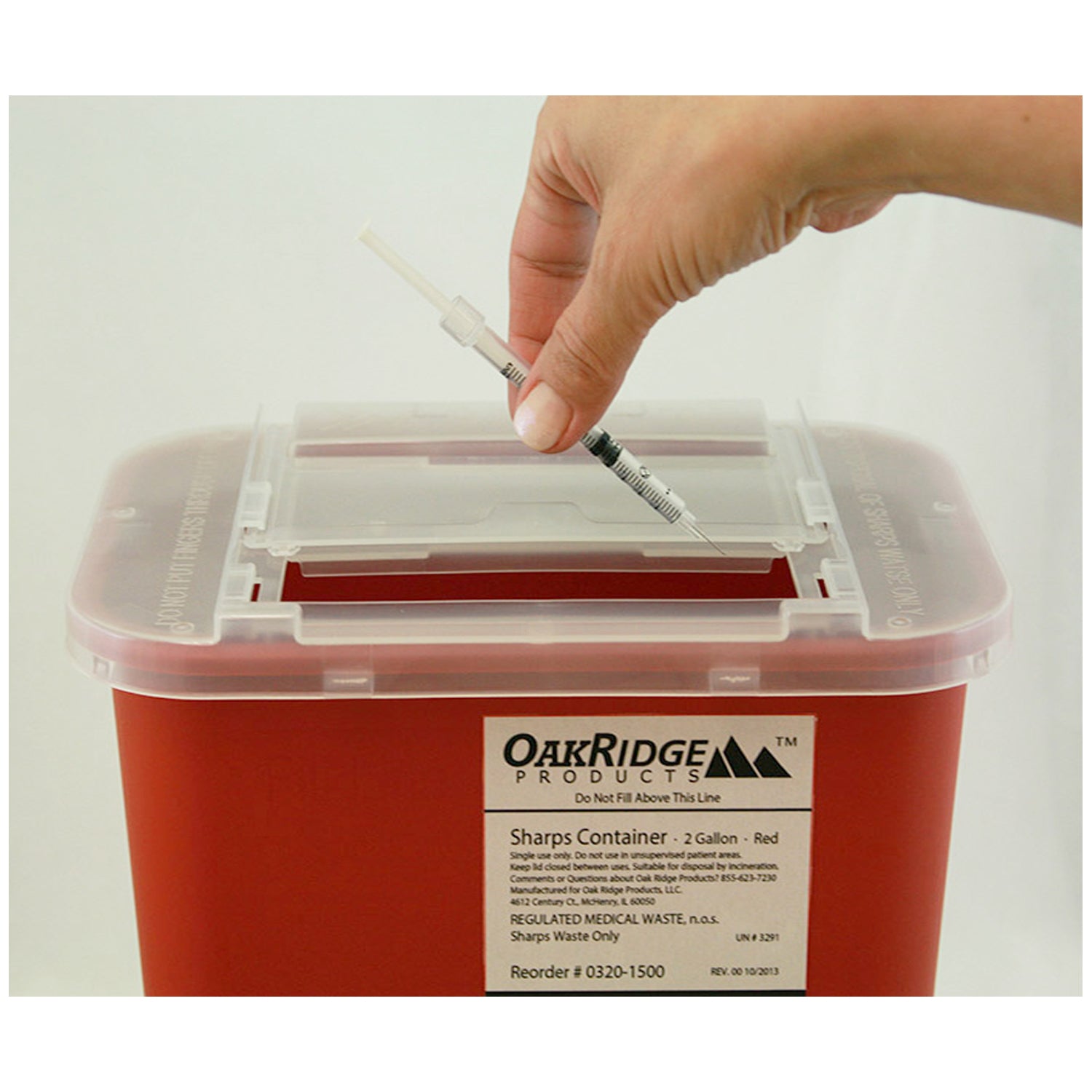 0320-1500 - Oak Ridge Products - Sharps Container, 2 Gallon, Red Base/ Translucent Slide Lid, 20/cs    , cs