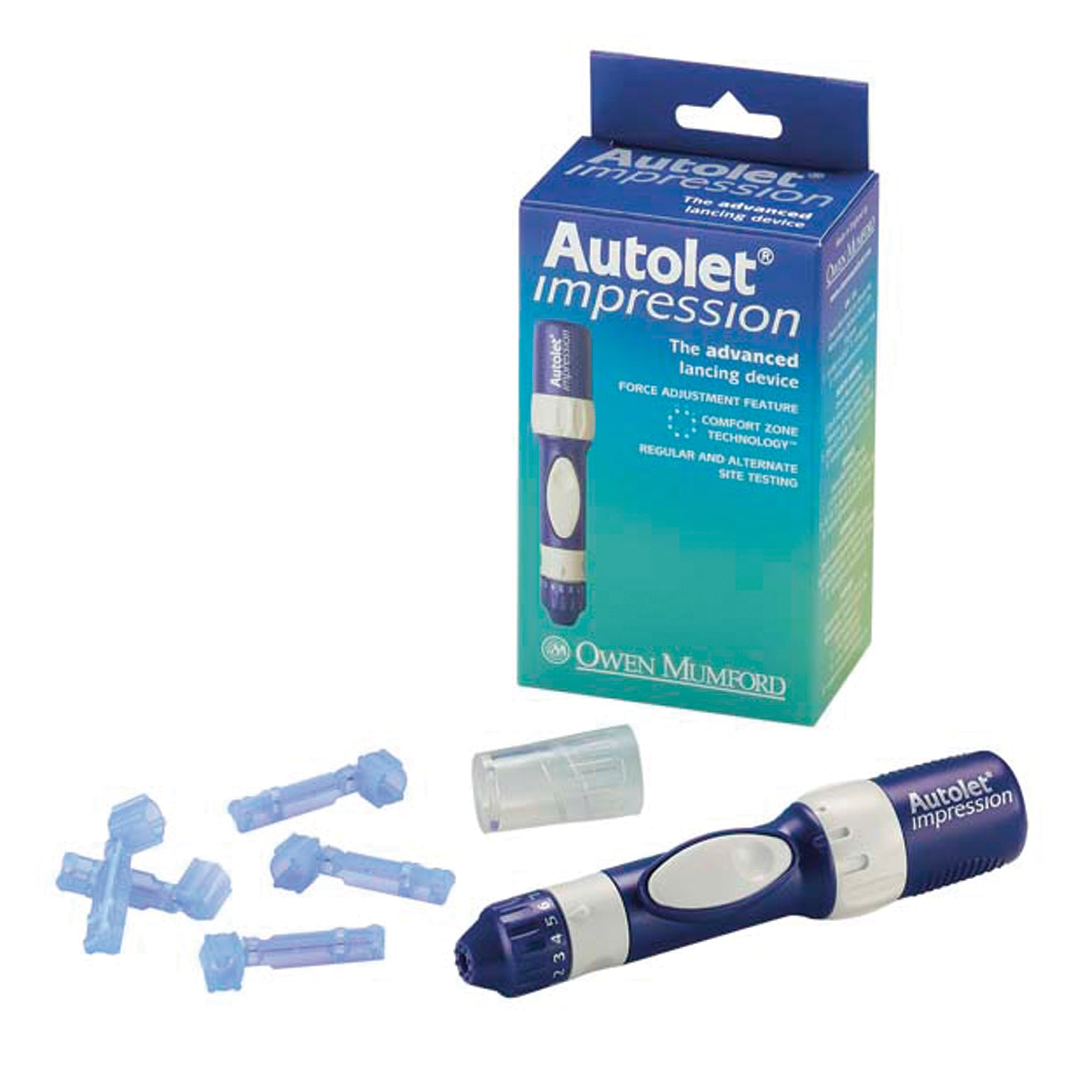 AT0270 - Owen Mumford - Autolet 印模器，包含：設備、3 個 Unilet 採血針、1 個深度調節器、1 個備用端蓋和使用說明（僅限美國和加拿大），每個
