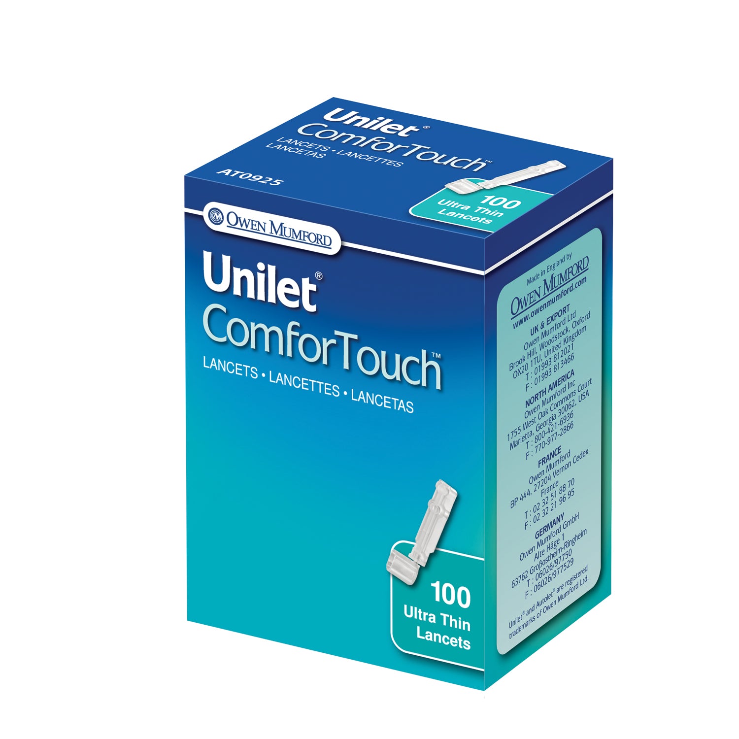 AT0925 - Owen Mumford - Unilet ComforTouch Lancet, 28G, 100/bx (US & Canada Only)    , bx