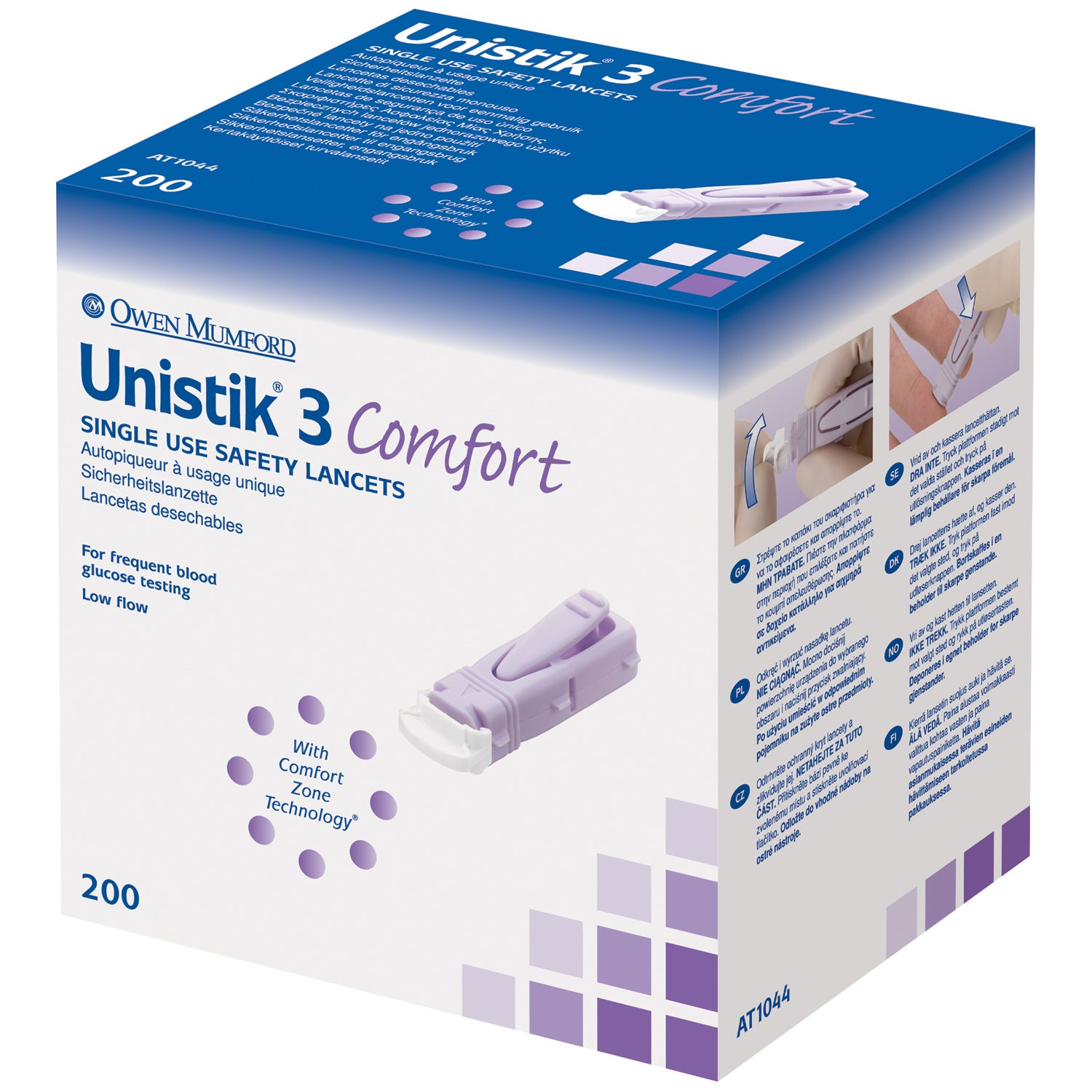 AT1044 - Owen Mumford - Lancet, Comfort, 28G, 1.8mm Penetration Depth, Purple, 200/bx (US & Canada Only)    , bx