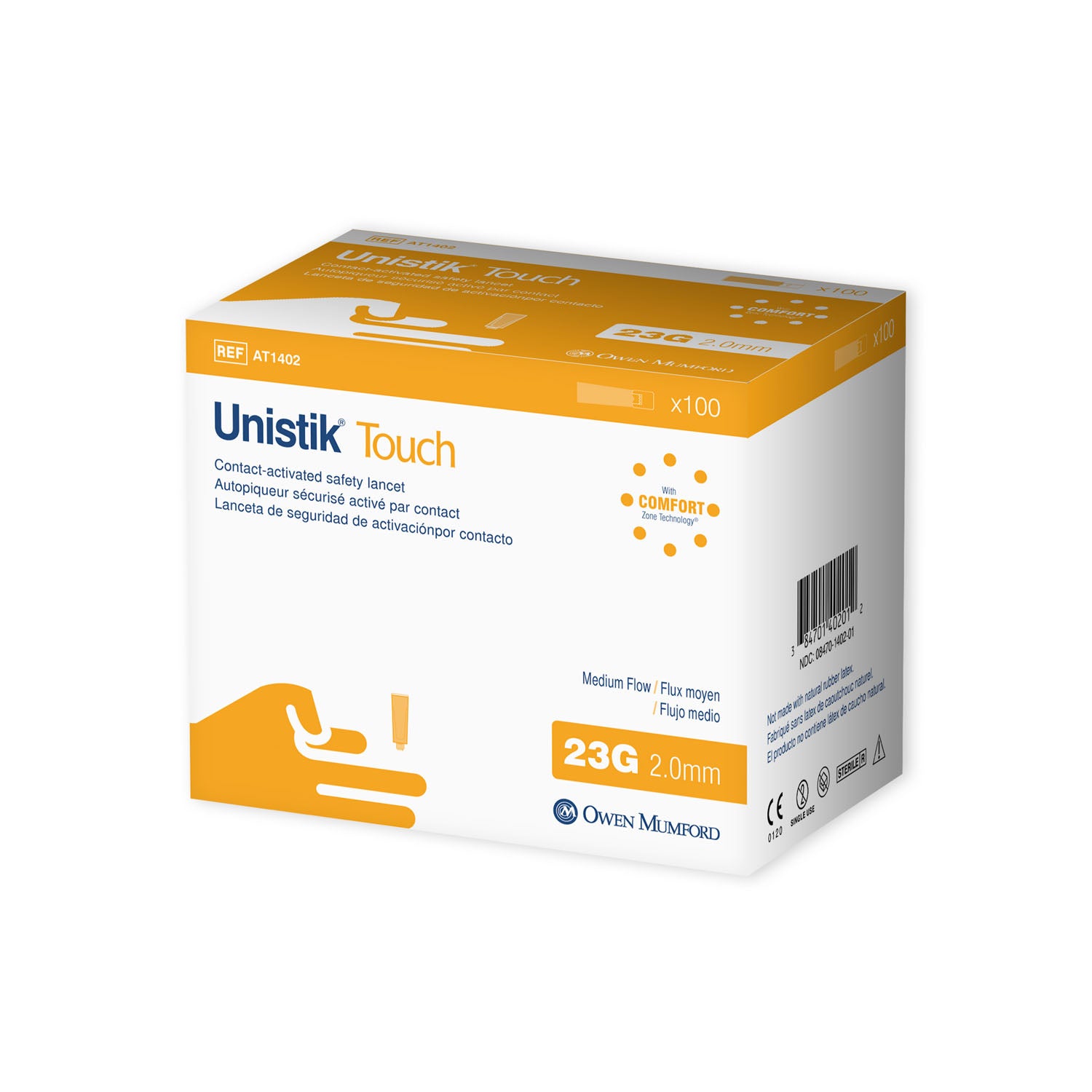 AT1402 - Owen Mumford - Safety Lancet, Medium Flow, 23G x 2.0mm, 100/bx (US & Canada Only)    , bx