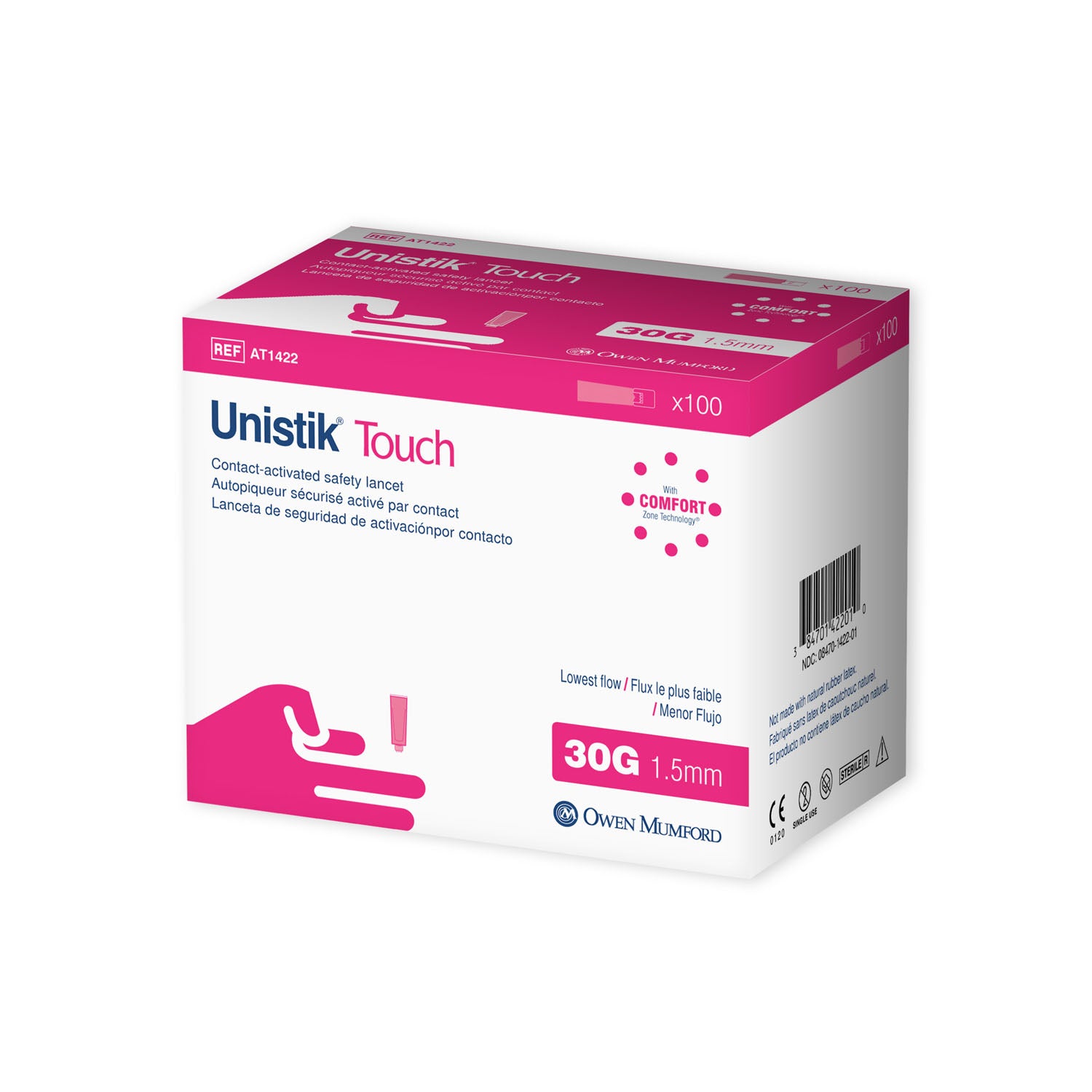 AT1422 - Owen Mumford - Safety Lancet, Low Flow, 30G x 1.5mm, 100/bx (US & Canada Only)    , bx