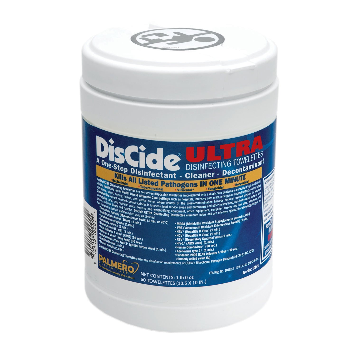 10DIS - Palmero - DisCide Ultra Towelettes, 10 ½” x 10”, 60ct/can, 12can/cs (30 cs/plt) (US SALES ONLY)    , cs