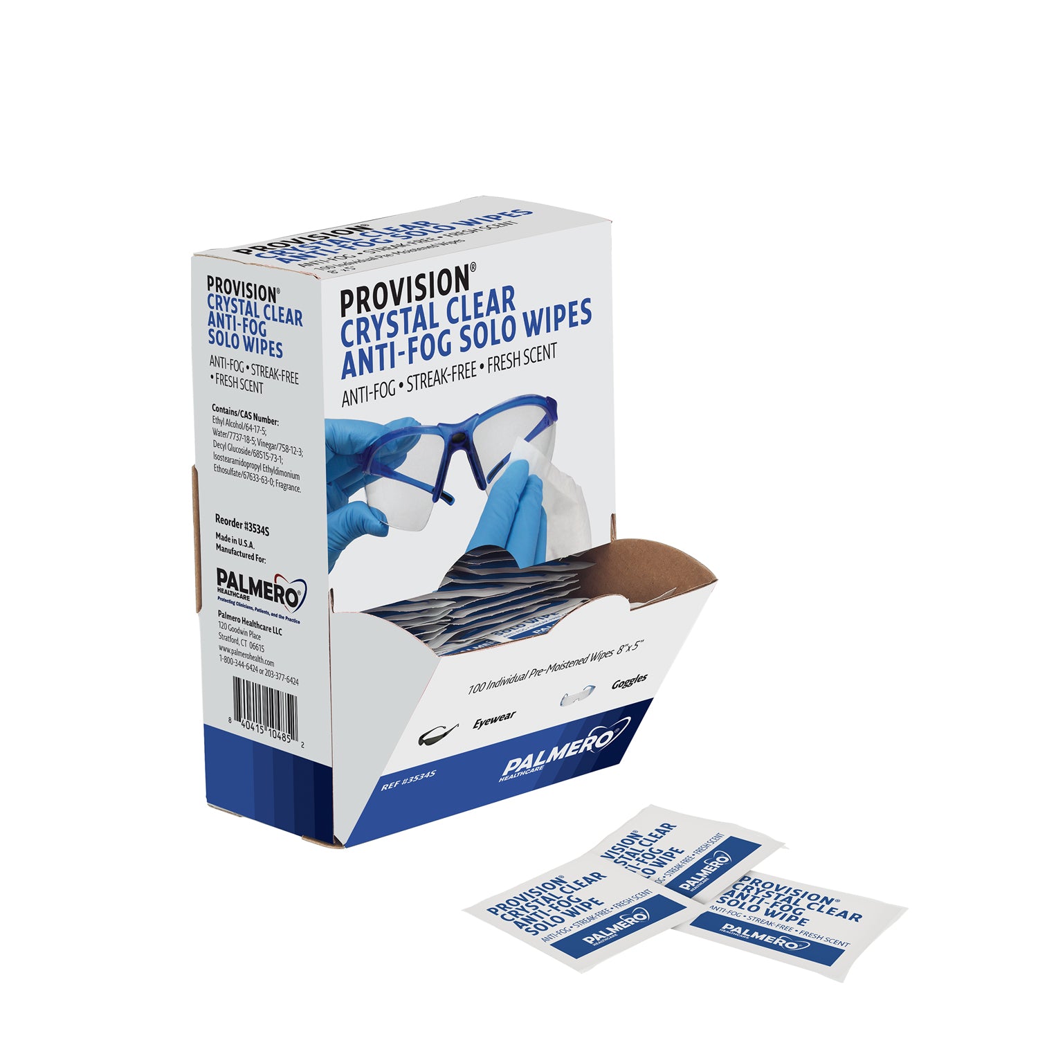 3534S - Palmero - ProVision Crystal Clear Anti-Fog Solo Wipes, 8" x 5", 100 packs/dispenser box (US SALES ONLY)    , bx