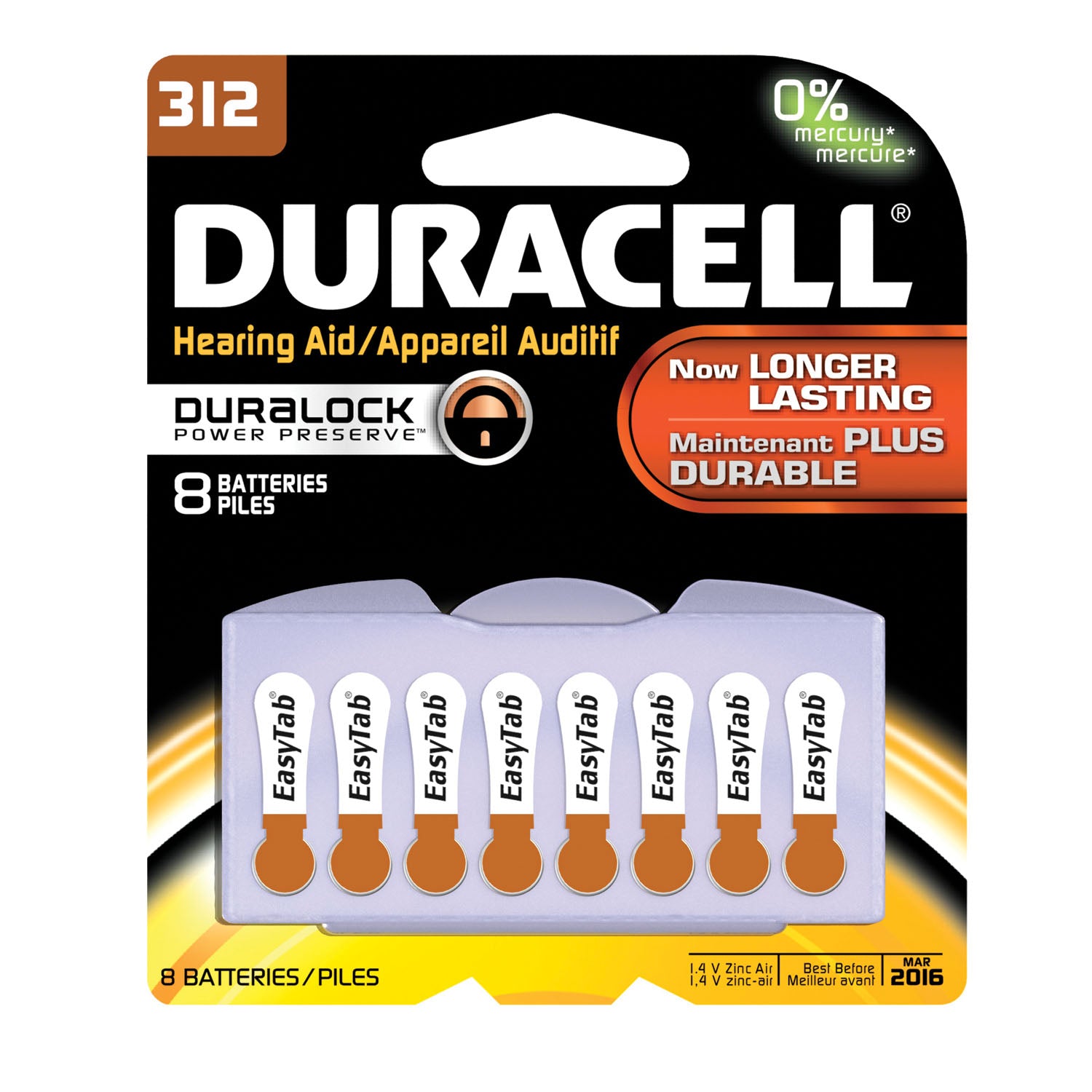 DA312B8W - Duracell - Batería, Zinc-aire, Tamaño 312, 8/paquete, 6/paquete (UPC# 66124) (Los productos no son para mercados domésticos privados; los productos no se pueden vender en Amazon.com ni en ningún otro sitio de terceros), caja