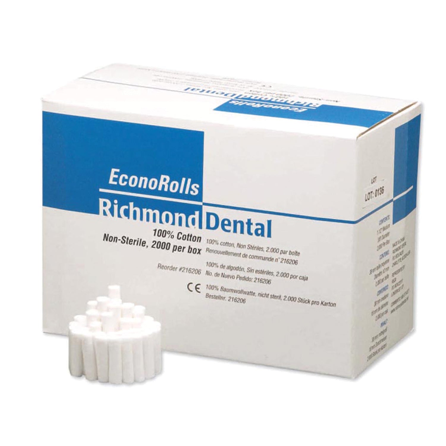 216206 - Richmond Dental - Economy Cotton Roll, Medium 1½" x 3/8" Dia, Non-Sterile, 2000/bx    , bx