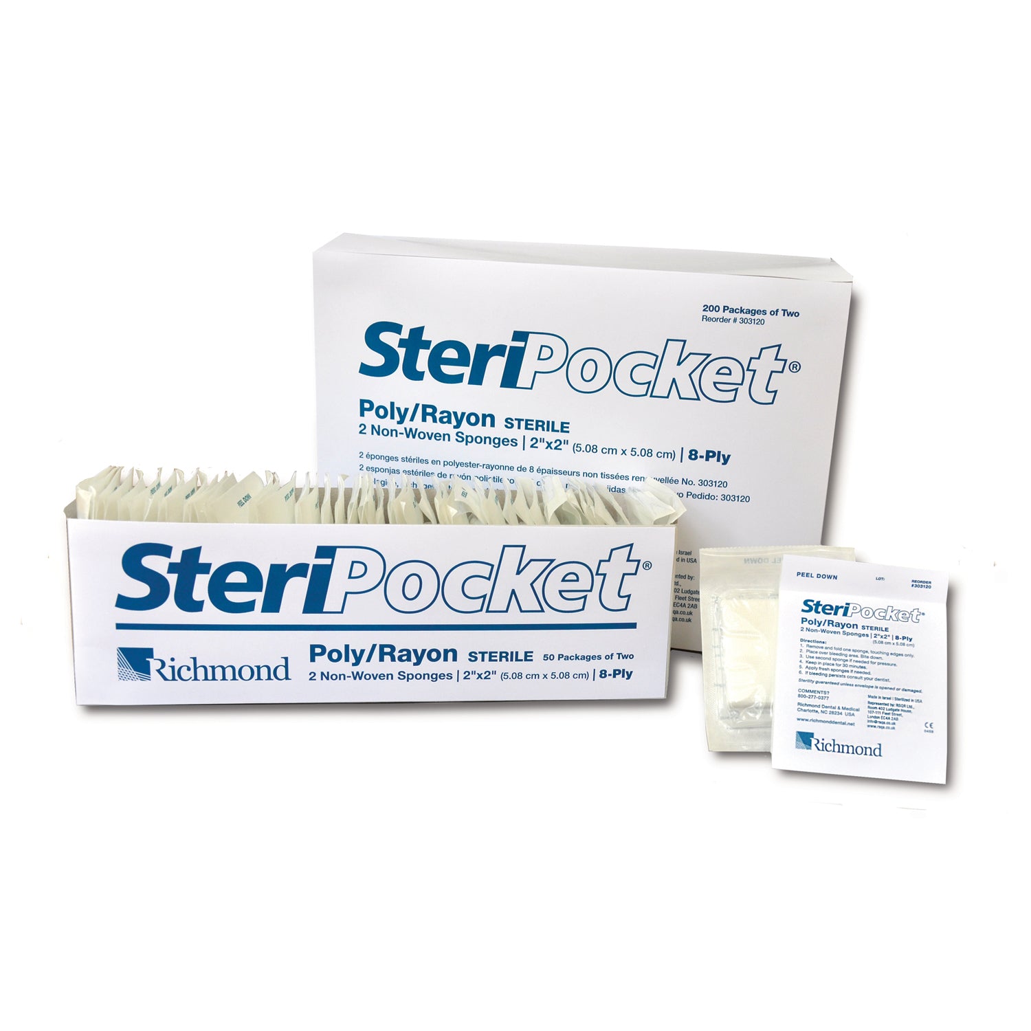 300408 - Richmond Dental - SteriPocket Sponge, Cotton Filled, 2" x 2", Sterile, 2/pk, 300 pk/bx    , bx