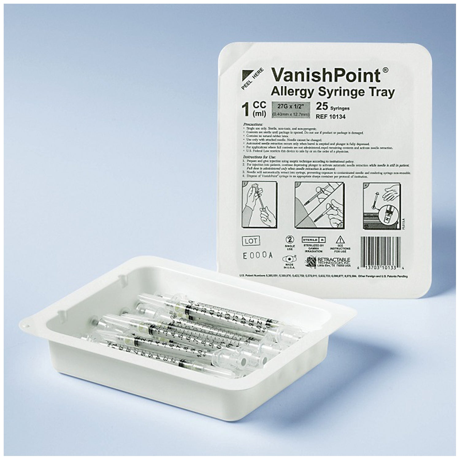 10134 - Retractable Technologies, Inc - Allergy Tray, Safety Syringe, 1ml, 27G x 1/2", 25/tray, 40 tray/cs    , cs