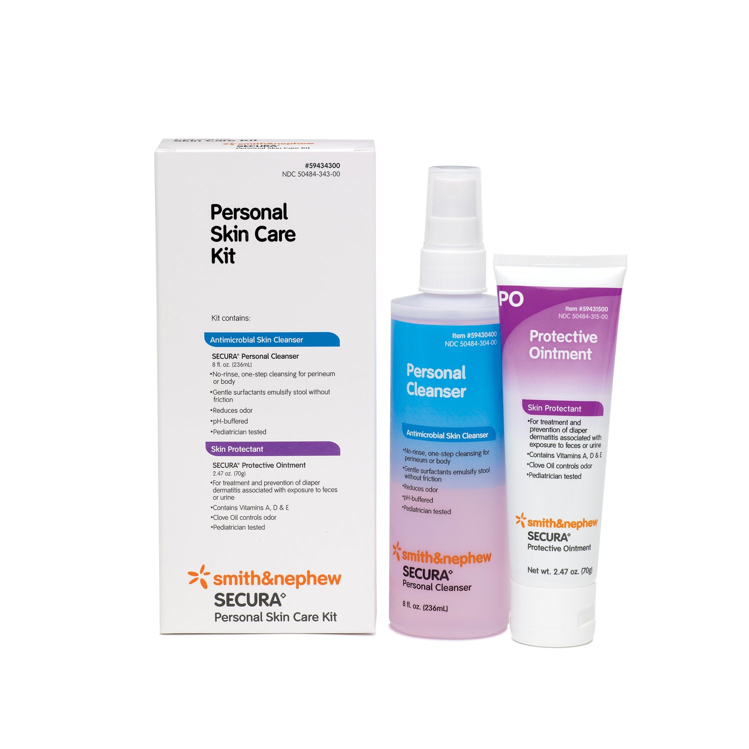 59434300 - Smith &amp; Nephew, Inc. - Kit de cuidado personal de la piel con limpiador personal Secura™ de 8 oz y ungüento protector Secura™ de 2.47 oz, 24 unidades (solo EE. UU.)