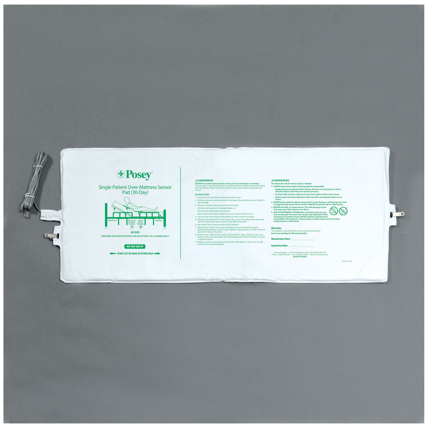 8283 - TIDI Products, LLC - Bed Sensor Pad, Single Patient Use, 12"W x 120"L, 30-Days, 8ft Cord (Continental US + HI Only)    , ea