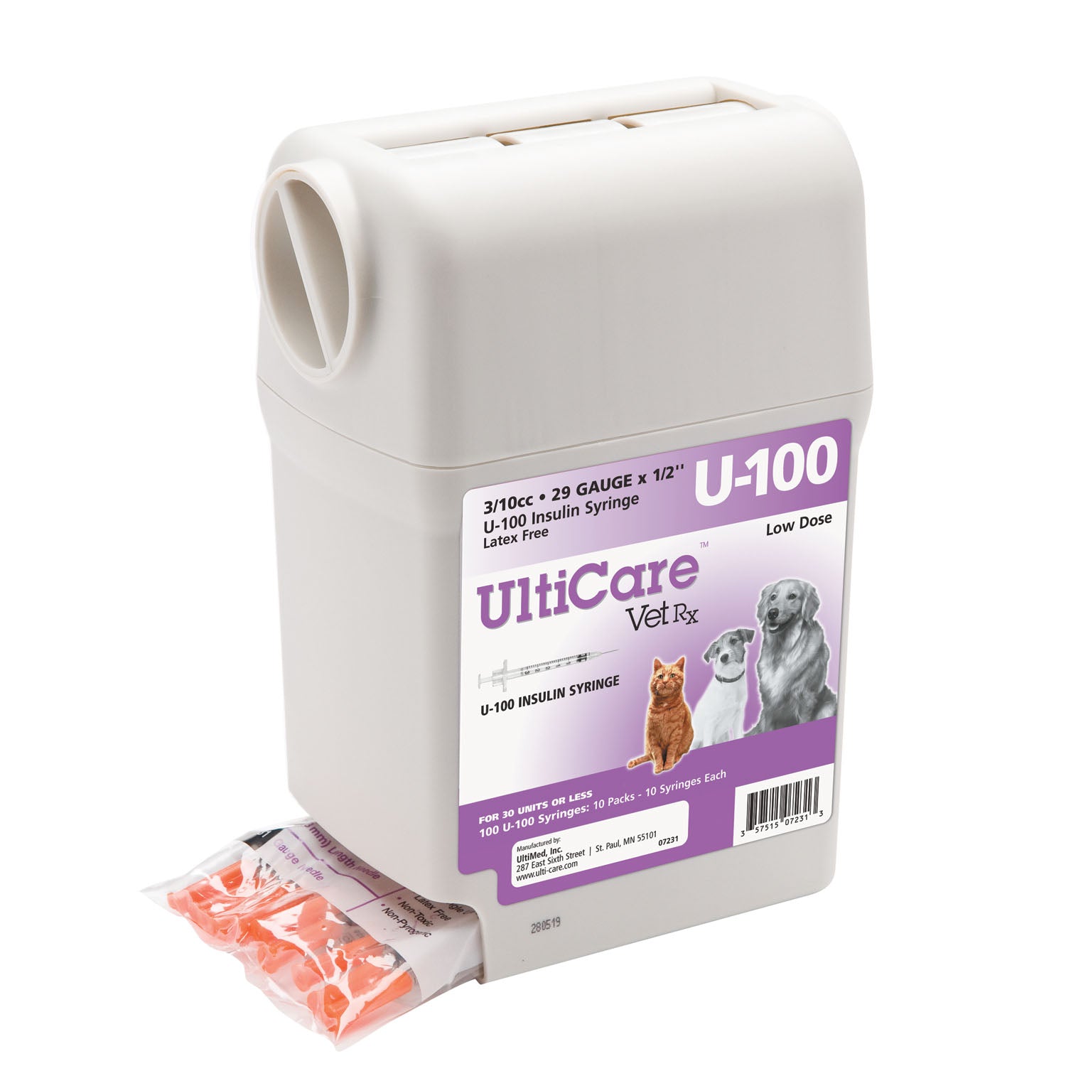 07231 - UltiMed, Inc. - UltiGuard U-100 Syringe Dispenser, 29G x ½", 3/10cc, 100/bx    , bx