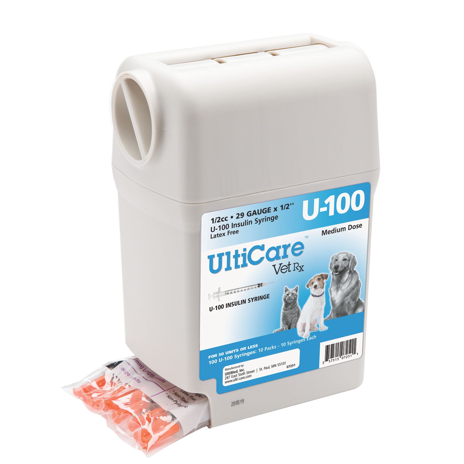 07251 - UltiMed, Inc. - UltiGuard U-100 Syringe Dispenser, 29G x ½", 1/2cc, 100/bx    , bx