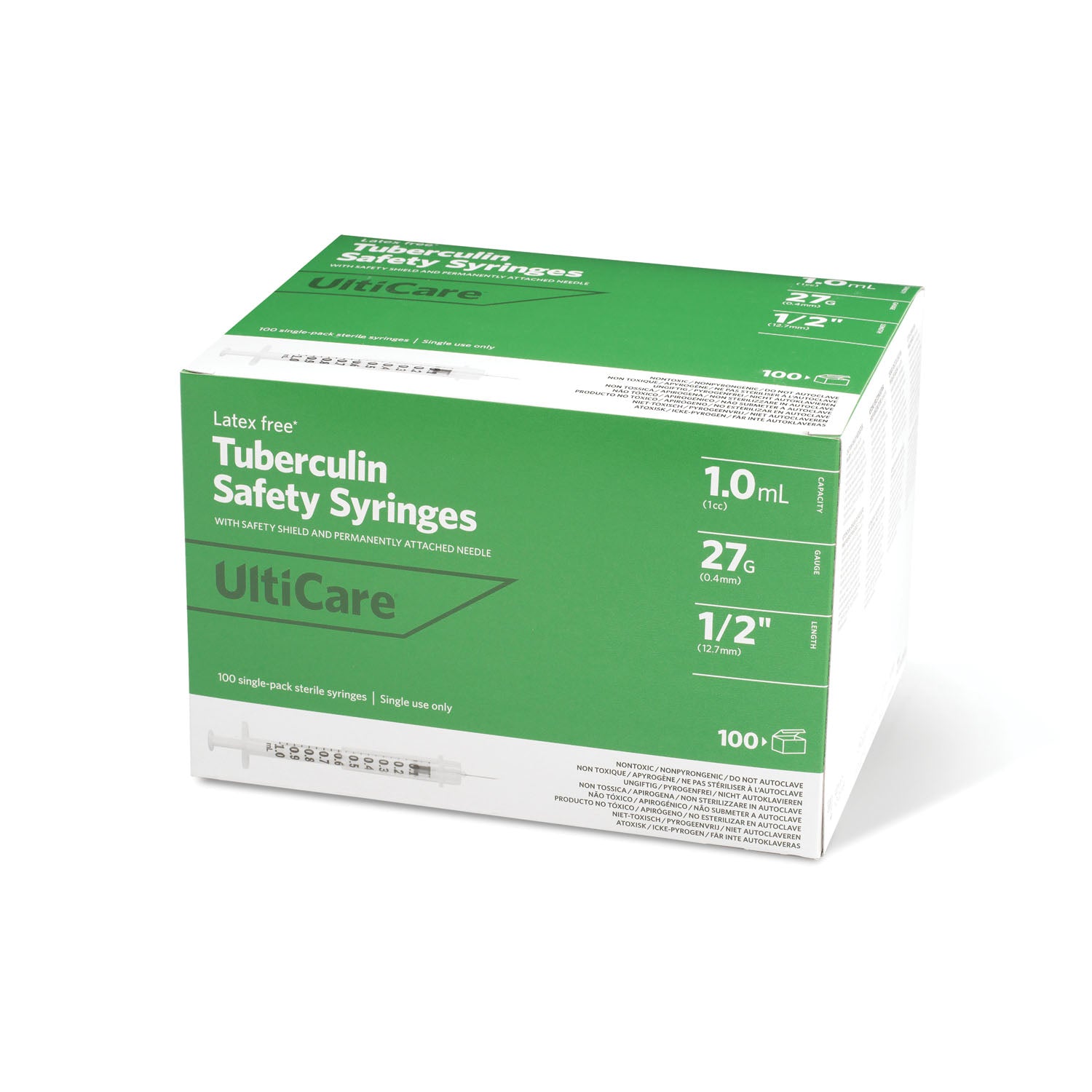 63001 - UltiMed, Inc. - Safety Syringe, Fixed Needle, Tuberculin, 1mL, 27G x ½", 100/bx    , bx