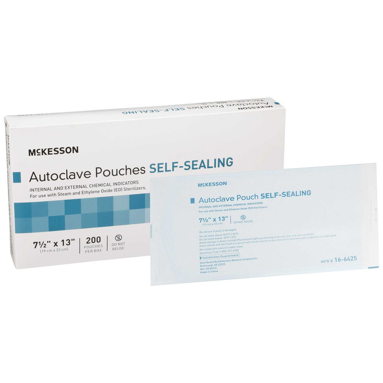960945 - McKesson - Sterilization Pouch McKesson Ethylene Oxide (EO) Gas / Steam 7-1/2 x 13 Inch Transparent Blue / White Self Seal Paper / Film 16-6425 Case of 1000, (CS)