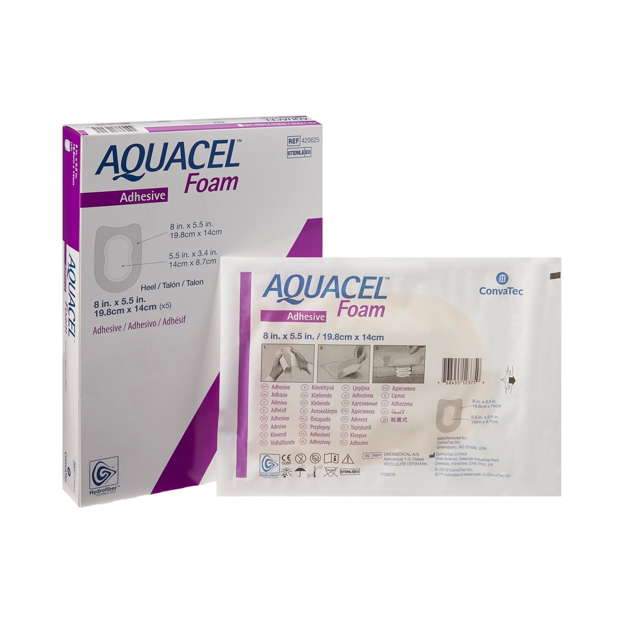 802597 - Aquacel - Aquacel Foam Dressing 5-1/2 X 8 Inch With Border Waterproof Film Backing Silicone Adhesive Heel Sterile, 420625, Box of 5, (BX)