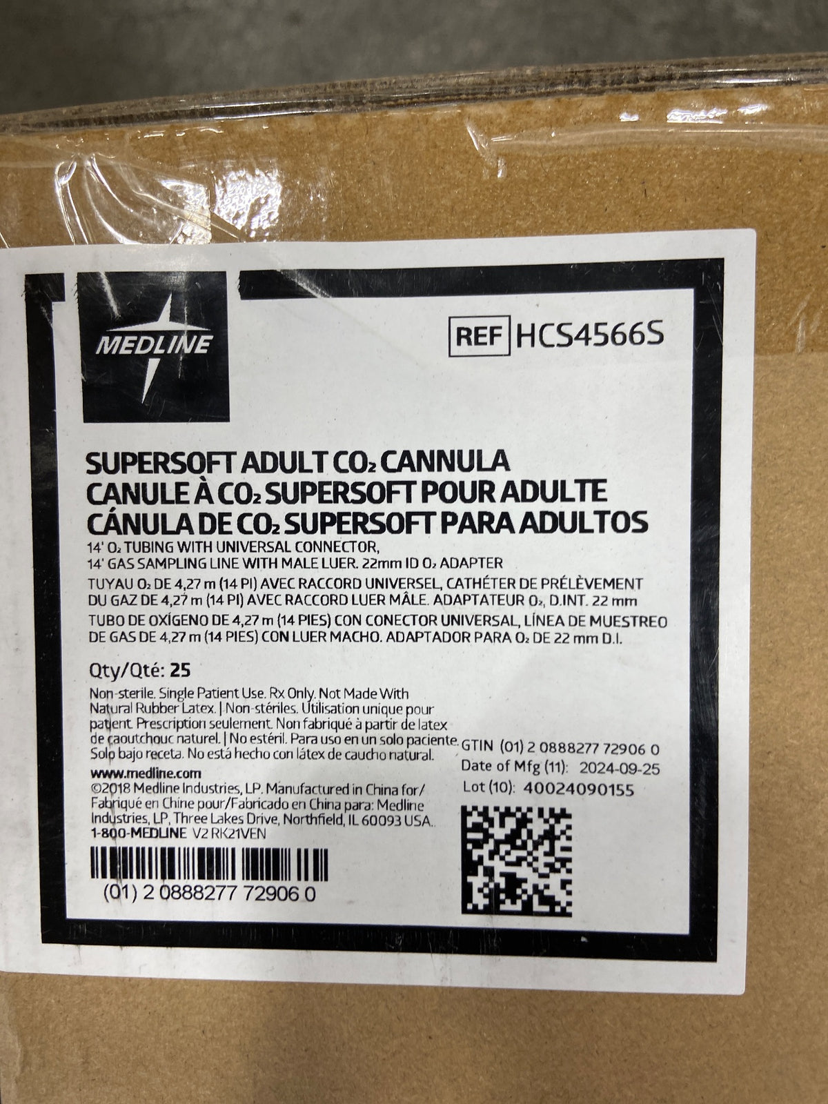 HCS4566S - MEDLINE - CO2 CANNULA,SSOFT,ADLT,14O2,14CO2,MALE, (BX/25)
