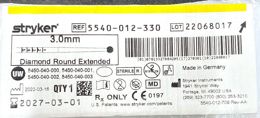 5540-012-330 - STRYKER - 3.0mm Diamond Round Extended, (EA/1)