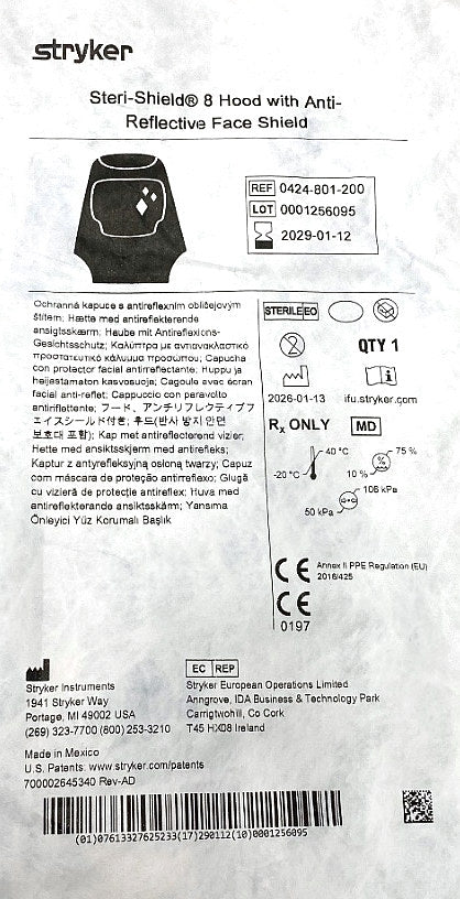 0424-801-200 - STRYKER - 8 Hood with Anti-Reflective Face Shield, (EA/1)