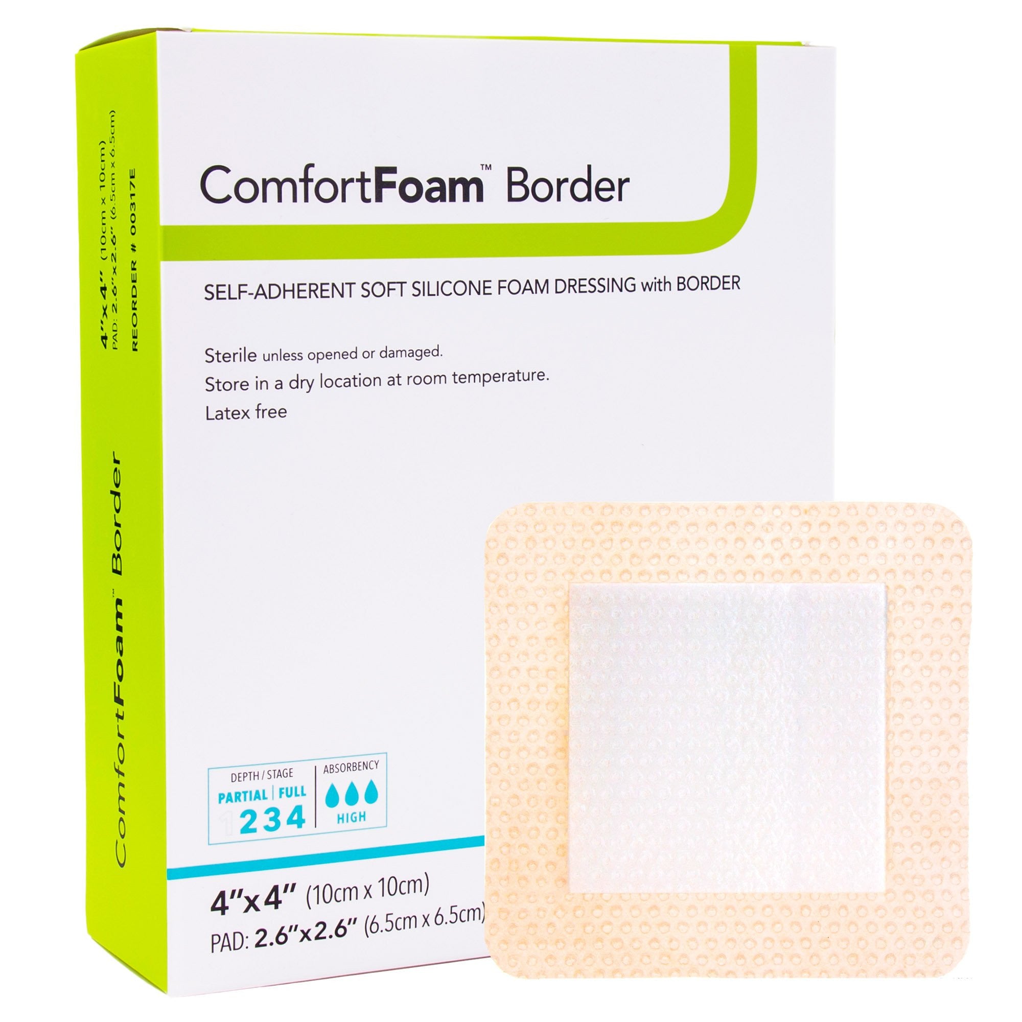 835617 - Comfort - ComfortFoam Border Foam Dressing 4 X 4 Inch With Border Waterproof Backing Silicone Adhesive Square Sterile, 00317E, Box of 10, (BX)