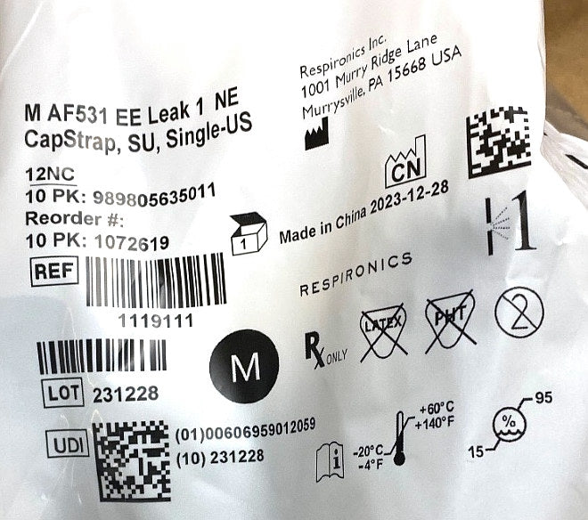 1119111 - RESPIRONICS - AF531 with Entrainment Elbow, Leak 1, Nebulizing Elbow, CapStrap, Single Use, USA, Medium, (EA/22)