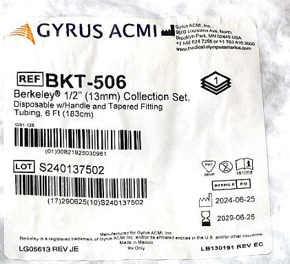 BKT-506 - GYRUS ACMI - Berkeley 1/2" (13mm) Collection Set, Disposable w/Handle and Tapered Fitting Tubing, 6 Ft (183 cm) (10/PK), (EA/1)