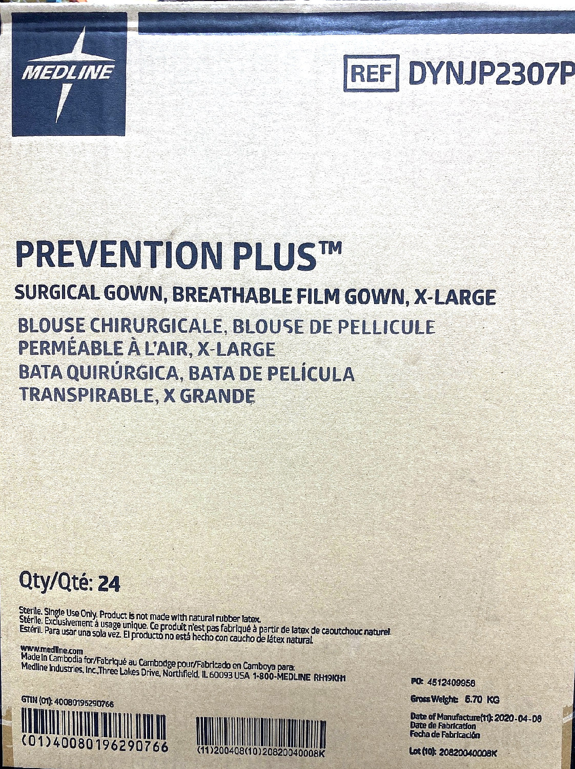 DYNJP2307P - MEDLINE - GOWN,PREVENTION PLUS,XL,ST,24/CS, (BX/24)