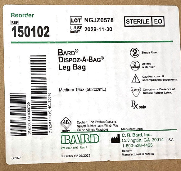 150102 - BARD - Dispoz-A-Bag Leg Bag, Medium 19oz (562cc/mL), (BX/12)
