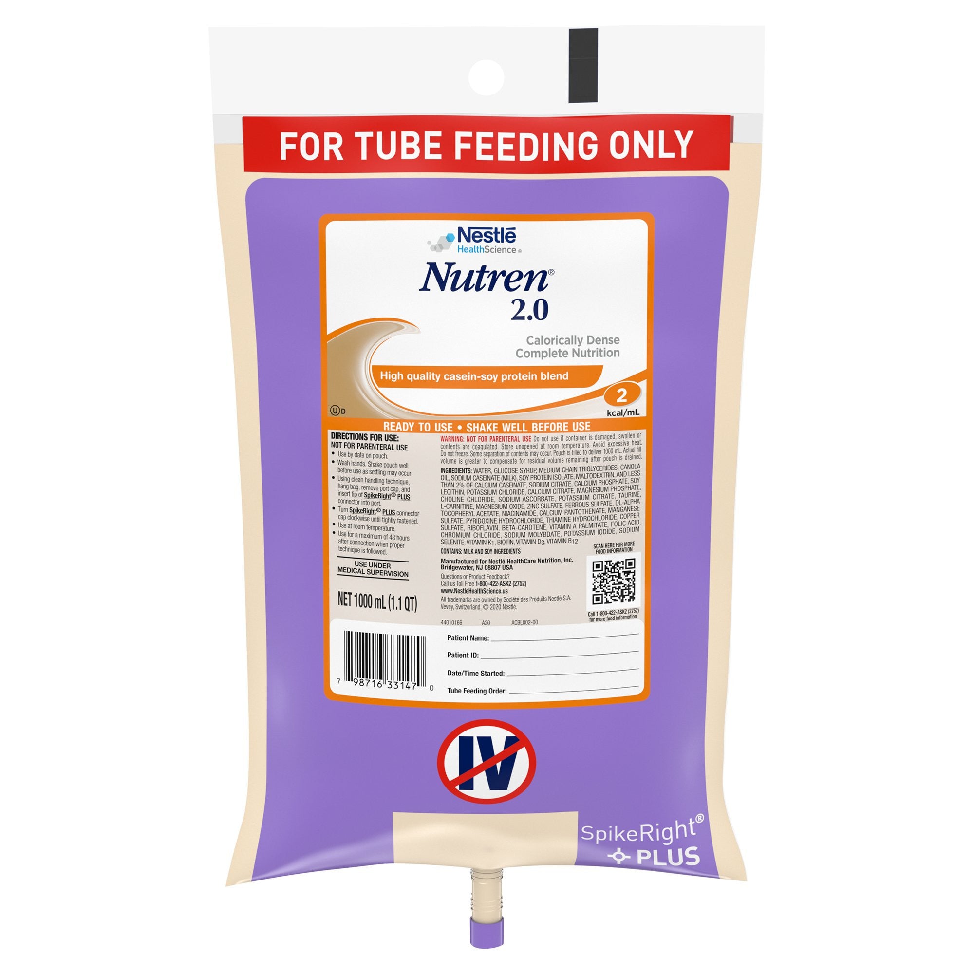 664065 - Nutren - Nutren 2.0 Tube Feeding Formula Unflavored, 1000 mL Ready to Hang Prefilled Container, Pack of 1, (EA)