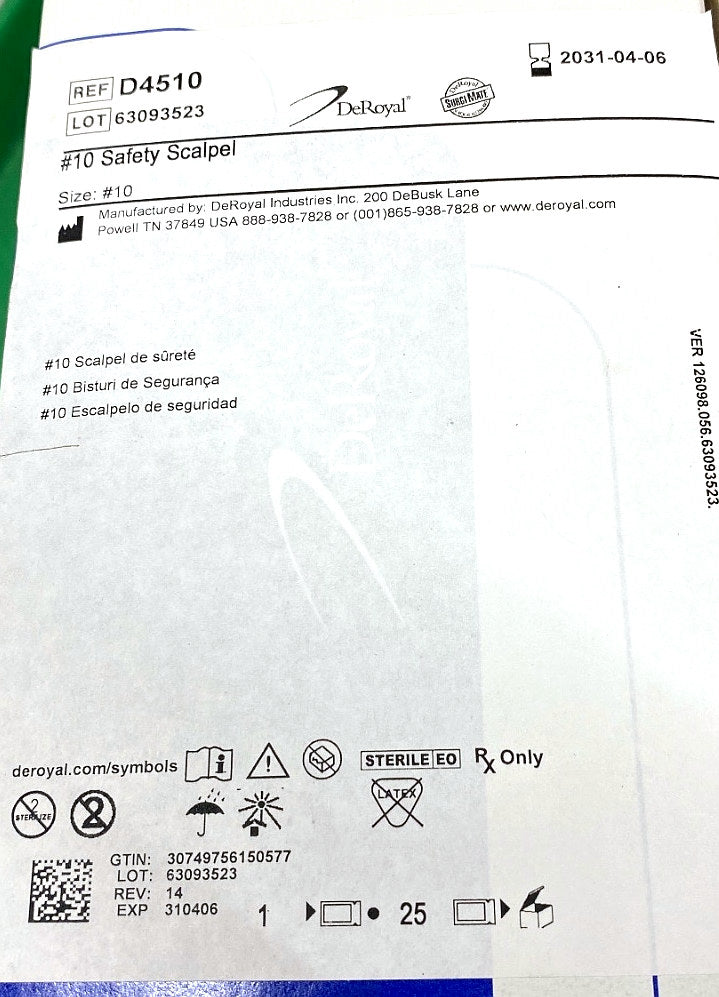 D4510 - DEROYAL - #10 Safety Scalpel, (BX/25)