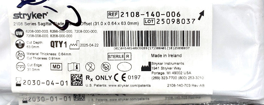 2108-140-006 - STRYKER - 2108 Series Sagittal Blade Flared, Offset (31.0 x 0.64 x 63.0mm), (EA/1)