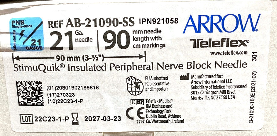 AB-21090-SS - TELEFLEX - StimuQuik(R) Insulated Peripheral Nerve Block Needle, (BX/25)