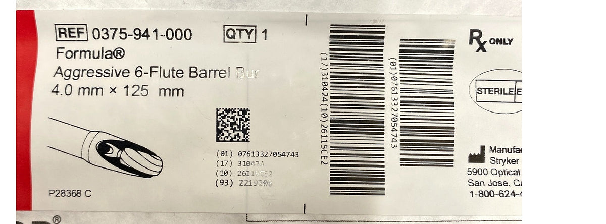 0375-941-000 - STRYKER - Aggressive 6 flute barrel bur, (EA/1)