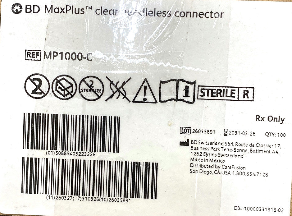 MP1000-C - BD - Clear Needleless Connector, (BX/1)