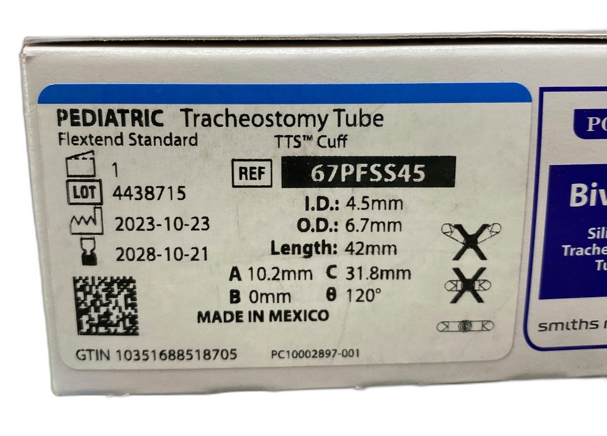 67PFSS45 - SMITHS MEDICAL - Bivona Uncuffed FlexTend Plus Trach Tubes - Tracheostomy Tube, Pediatric, Tight to Shaft, 4.5 mm, (BX/1)